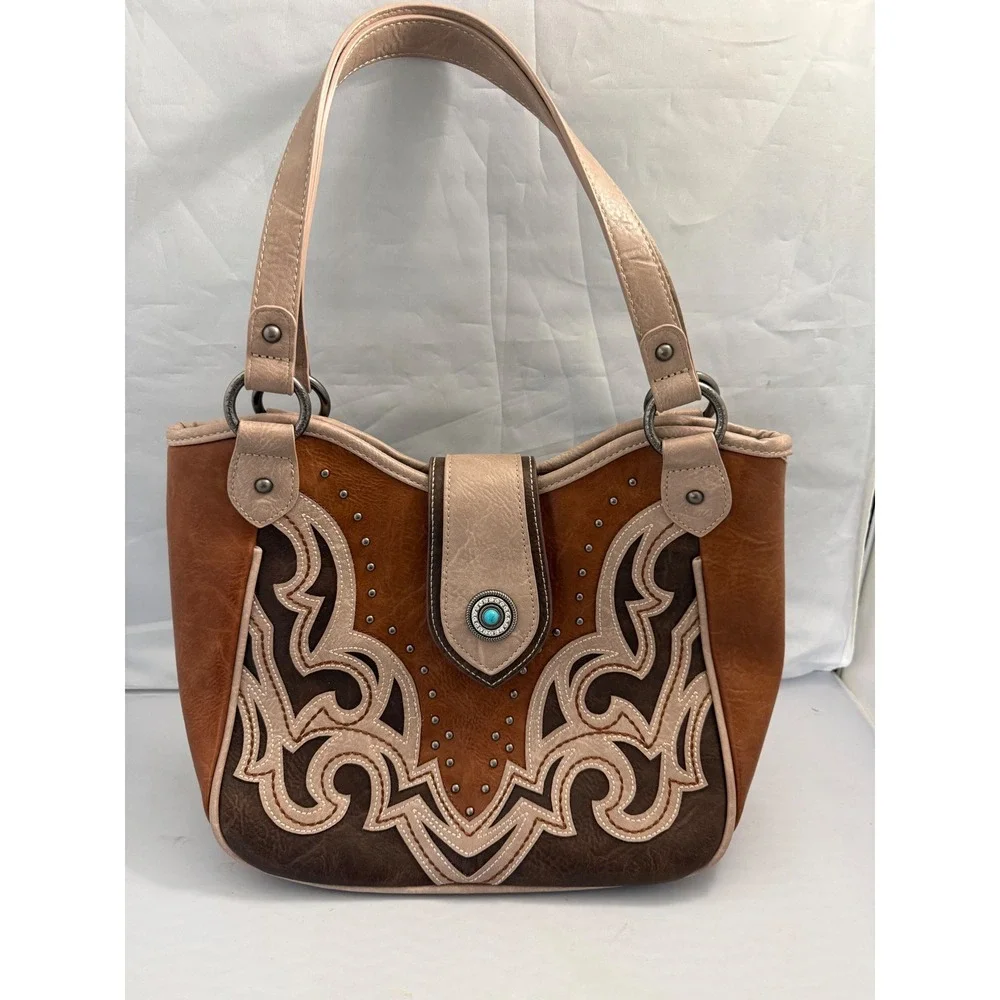 Montana West Western Tooled Shoulder Bag Tote Brown Tan Turquoise Concho Large